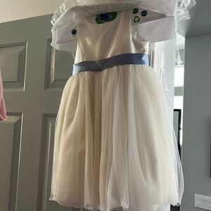Little girls satin and tulle formal dress with blue removable ribbon